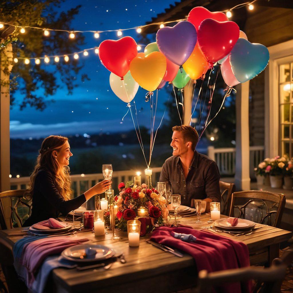 A romantic scene depicting a beautifully set dinner table under a starlit sky, adorned with unique gifts like custom jewelry, handmade love notes, and heart-shaped balloons. Surrounding the table are lush roses and candles, creating an enchanting atmosphere for a couple celebrating their love. The image should evoke warmth, affection, and the joy of unique experiences. vibrant colors. soft bokeh effect.