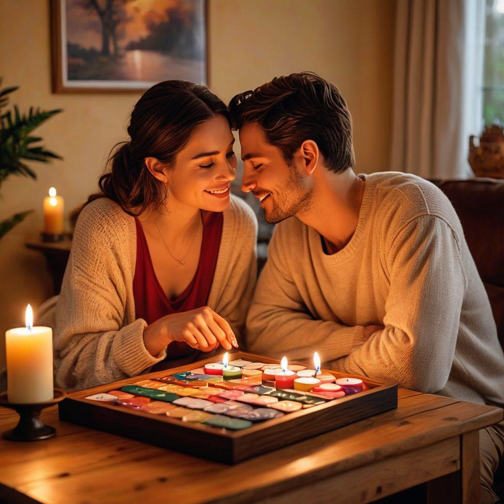 A cozy living room scene featuring a couple exchanging heartfelt gifts, surrounded by colorful decorations and candles that symbolize love and connection. Soft warm lighting creates an intimate atmosphere, while heartfelt notes and a calendar with marked special dates lie on a beautifully crafted wooden table. Elements of emotional connection are highlighted through their affectionate expressions and joyous smiles. romantic, super-realistic, warm colors.