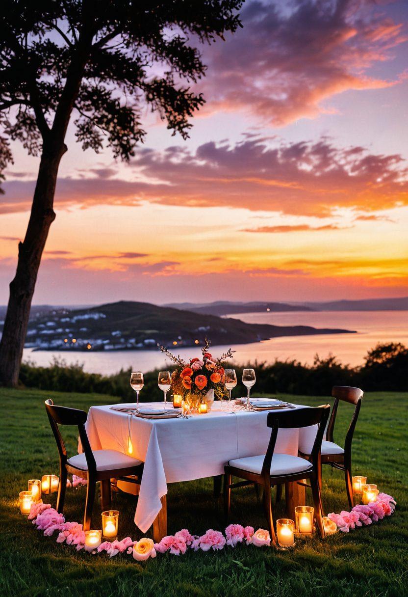 A cozy candlelit dinner setting for two, surrounded by soft fairy lights, with a beautifully set table adorned with flowers, wine glasses, and a small handwritten love note. In the background, a scenic sunset creates a romantic atmosphere. Capture the essence of love and connection, inviting the reader to imagine their own perfect date night. soft focus, warm colors, romantic style.